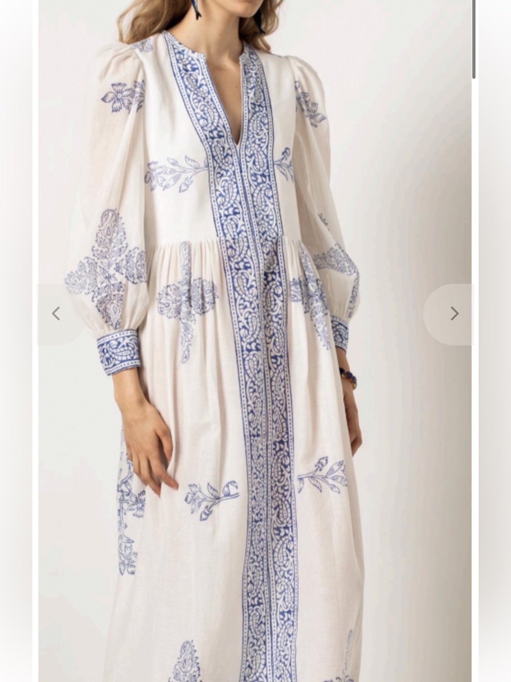 Bohemian Embroidered Maxi Dress - White with Navy Print